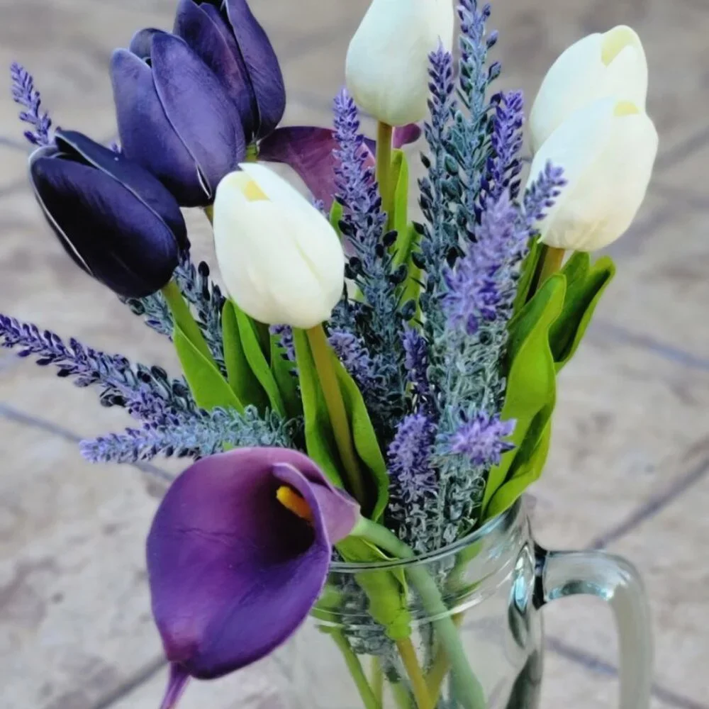 Purple White Calla Lilly Tulip Arrangement Flower Centerpiece Home Table Decor
